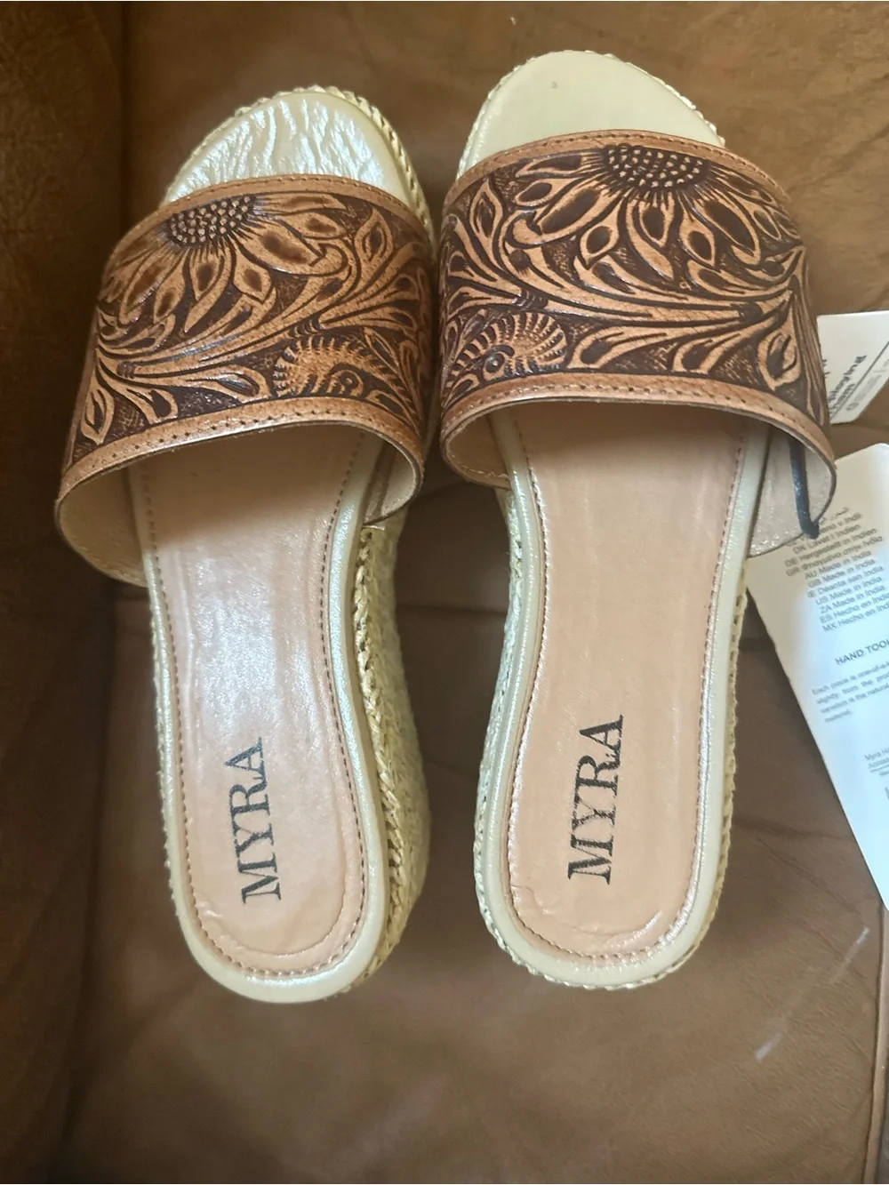 Myra Bag Brown Hand-Tooled Floral Platform Slide Sandals